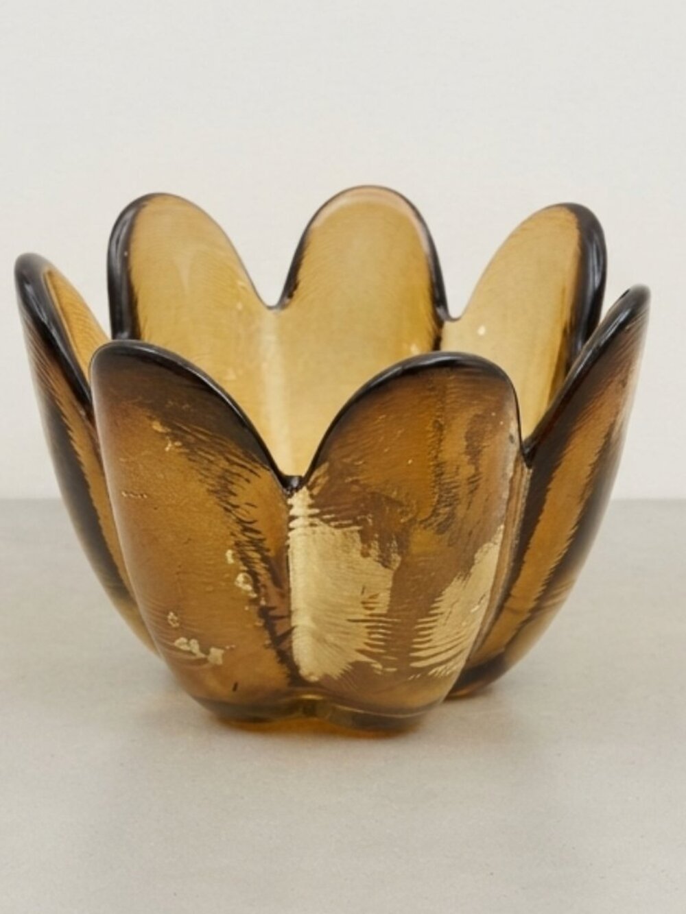 Vintage Amber Gold Glass Lotus Petal Bowl Votive Candle Holder MCM Decor 4.5"